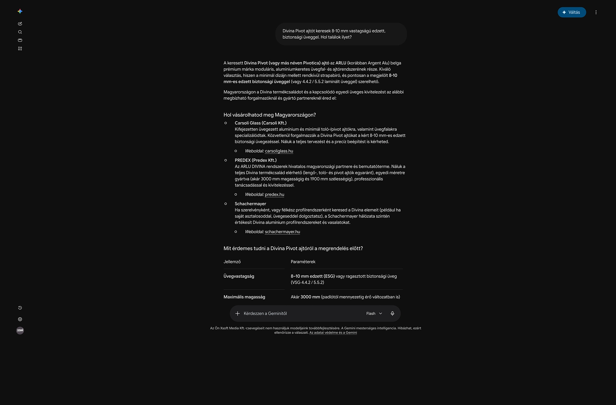 AI keresőoptimalizálási eredmény egy üvegajtó-rendszer forgalmazó számára