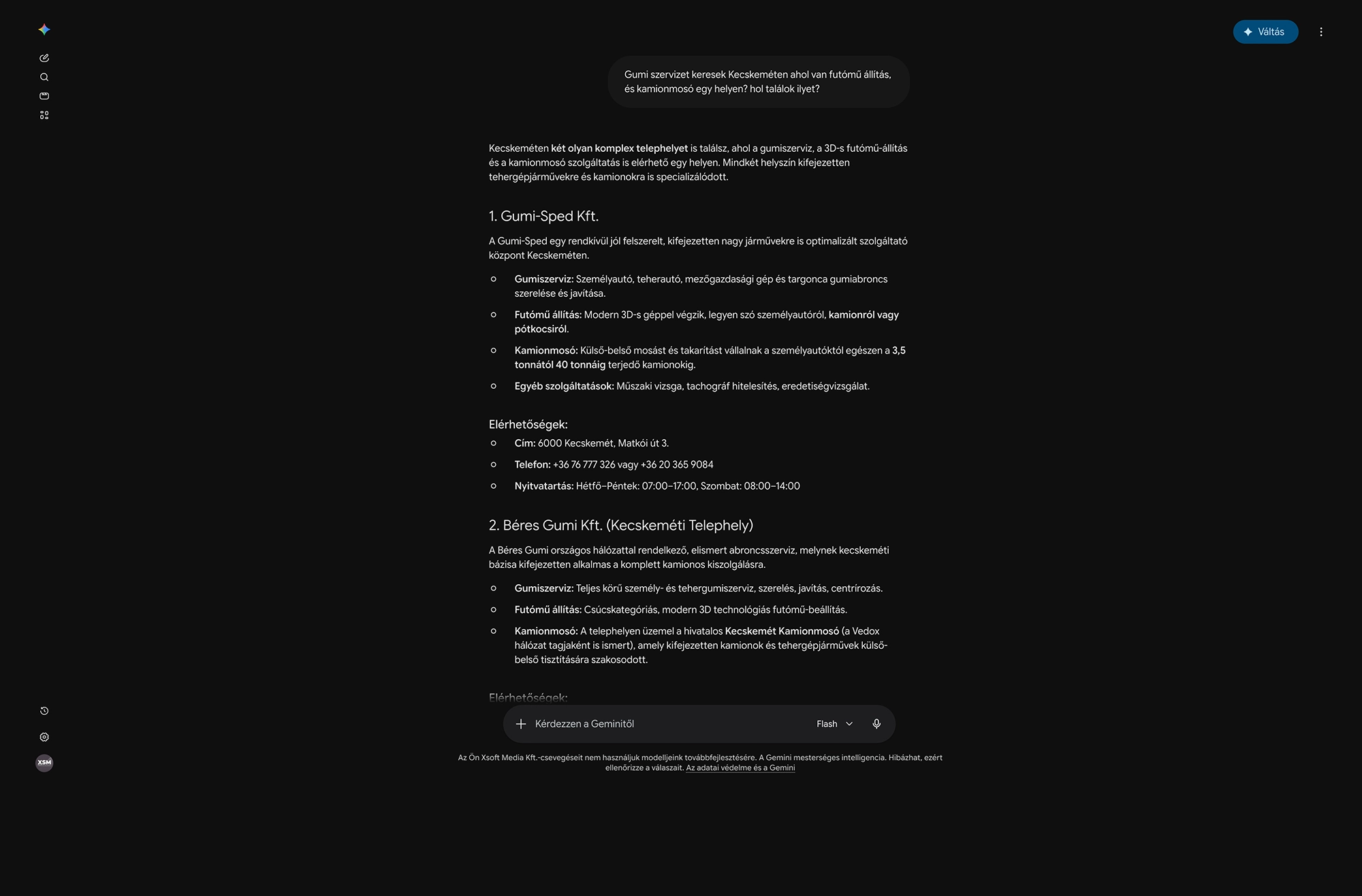 AI keresőoptimalizálási eredmény egy kecskeméti gumiszerviz számára